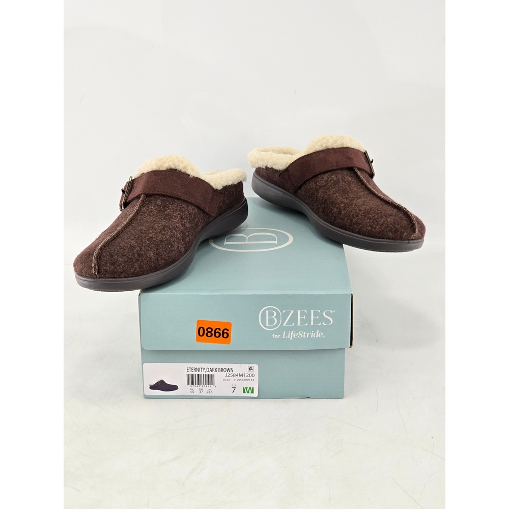 Bzees Eternity Clog Slippers Womens 7W Dark Brown Faux Fur Trim - New